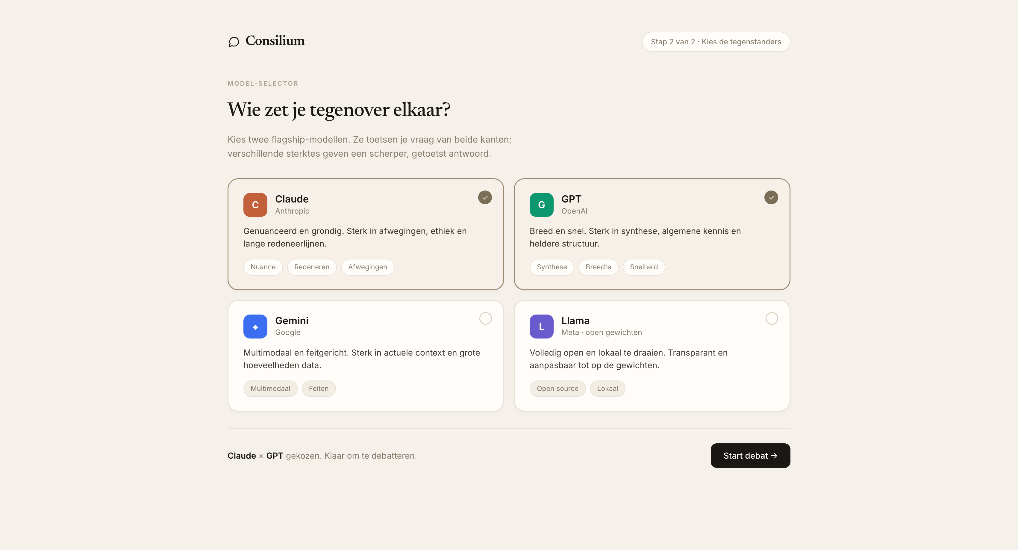 Consilium settings page for adjusting debate options and system temperature