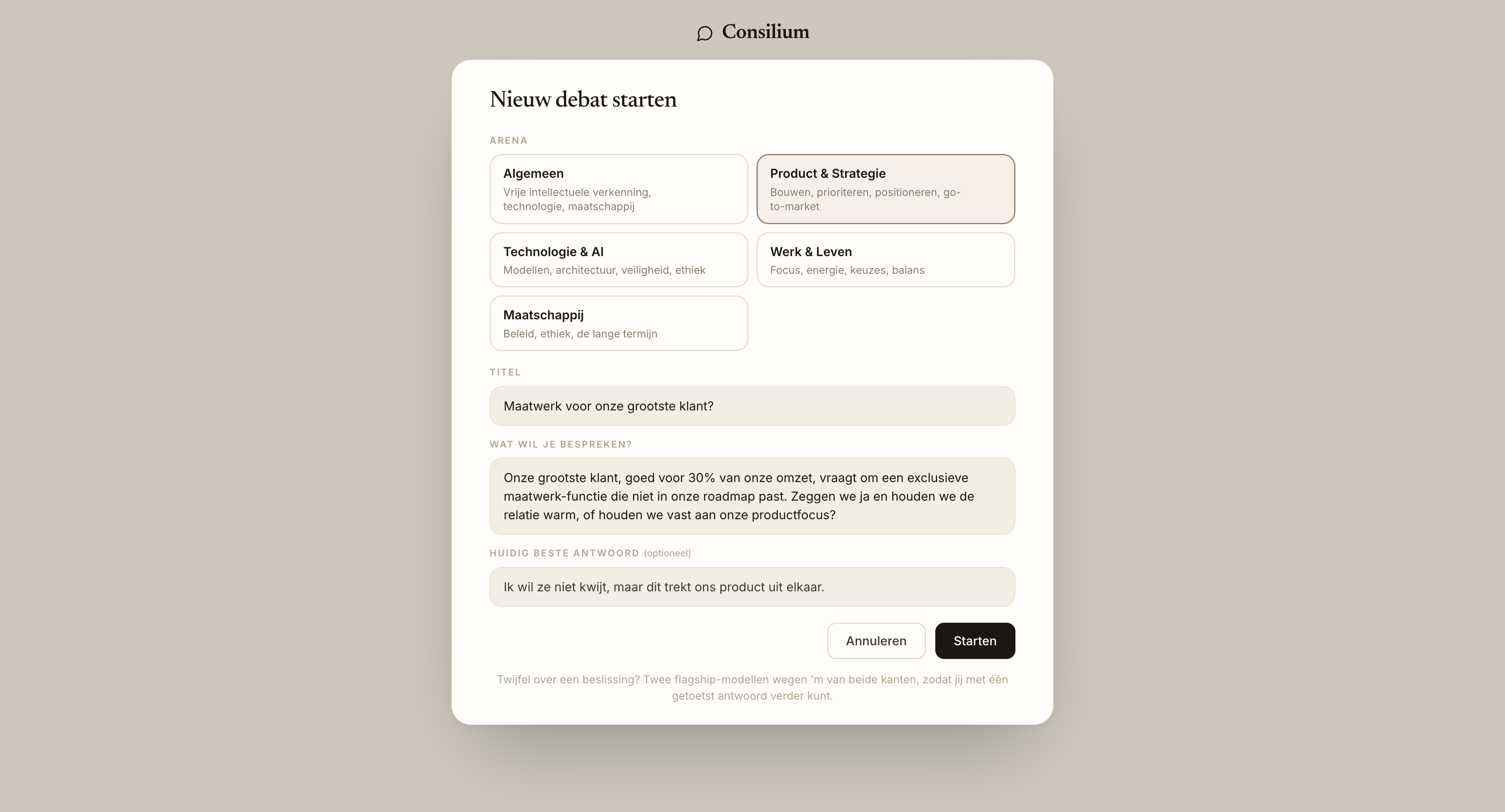 Consilium debate creation panel with model selection and topic input