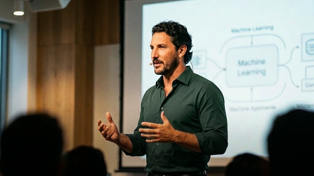 Portrait of Dusty Baars speaking at an AI and design seminar