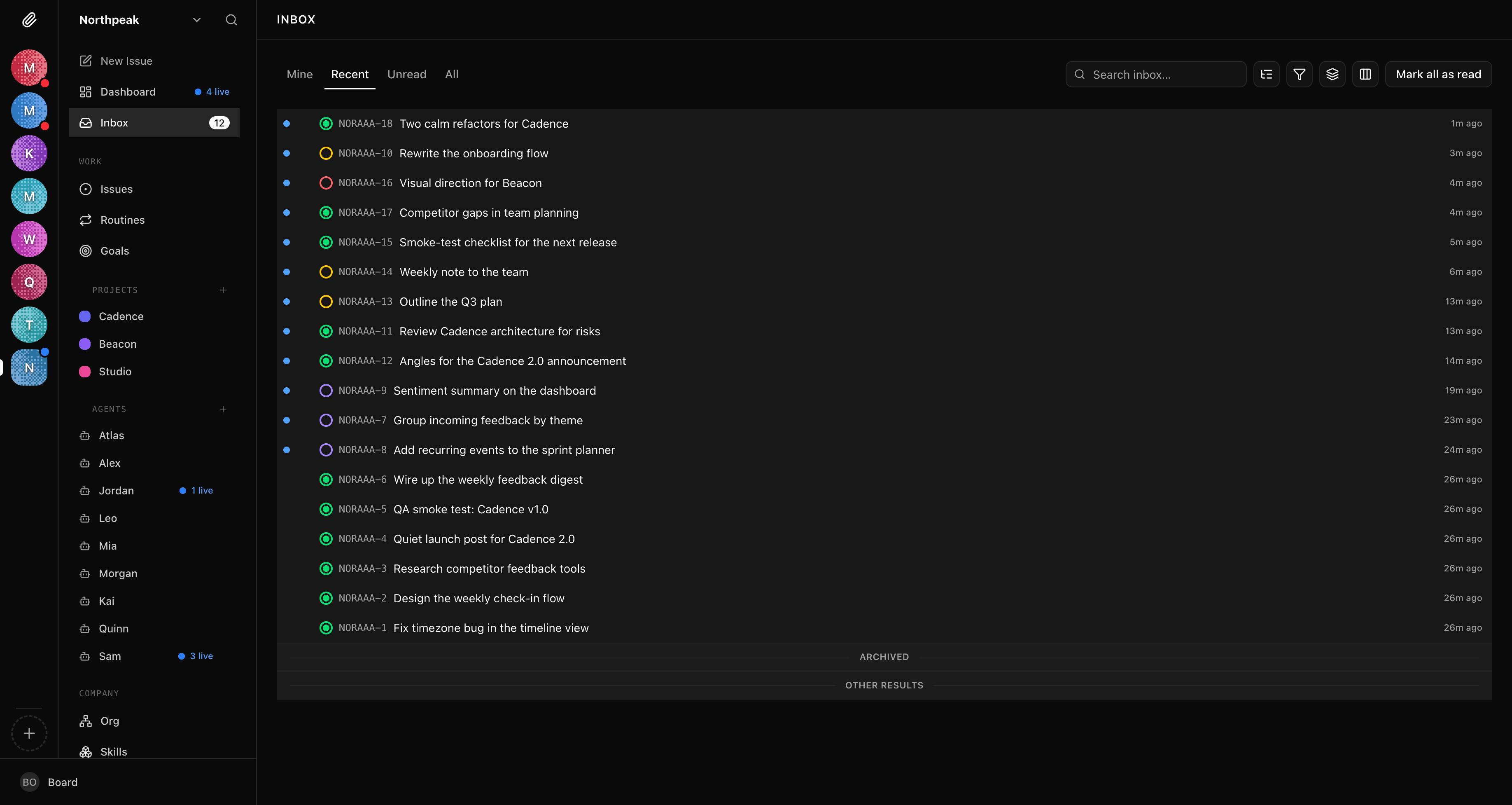 Unified inbox displaying agent communications and operational status updates