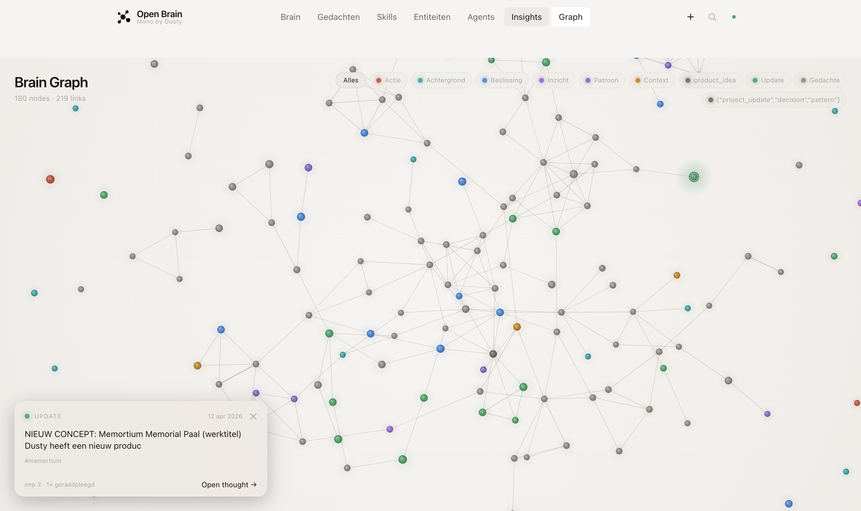 Interactive node-graph visualising connected thoughts and skills inside Open Brain