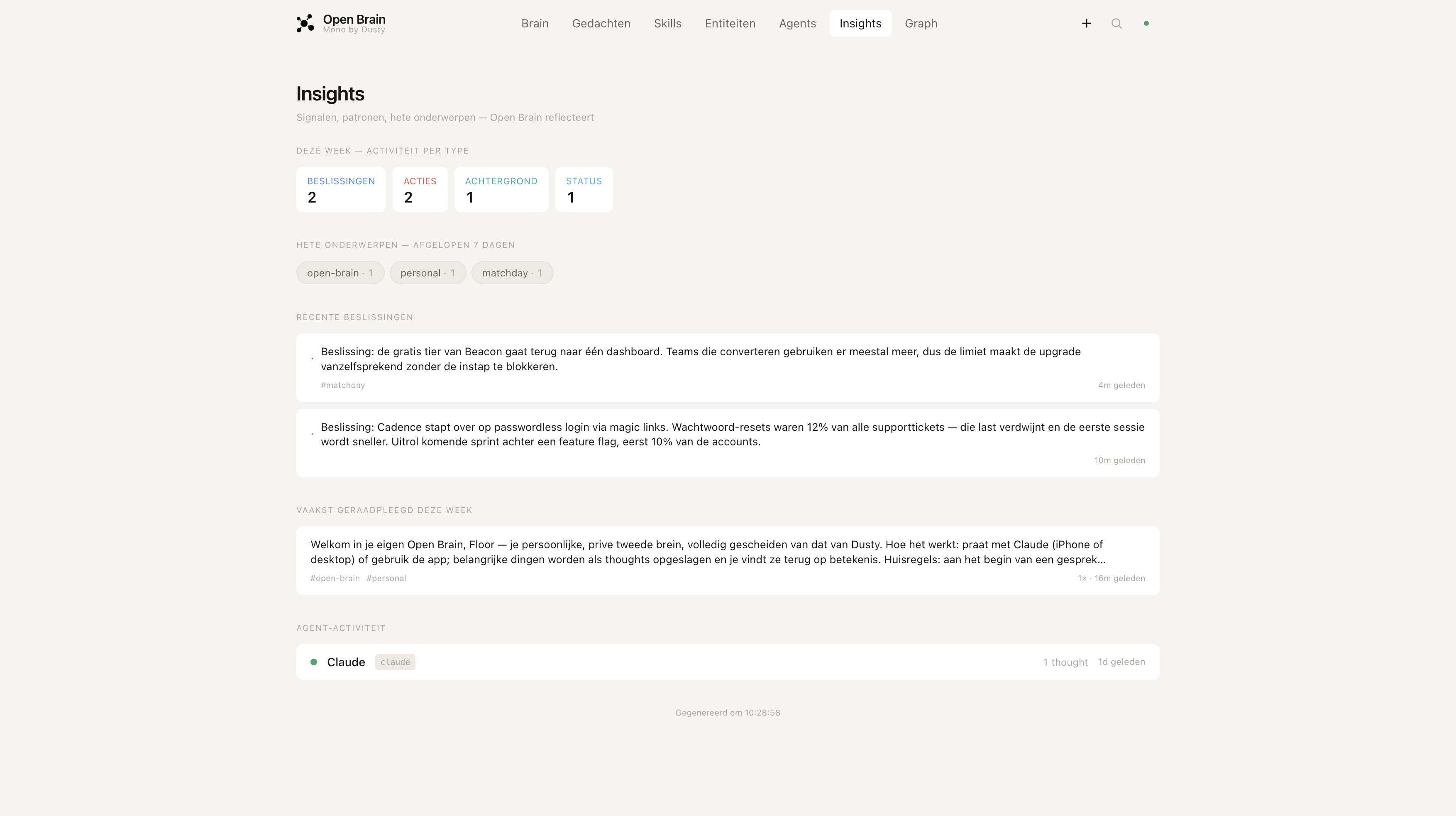 Weekly insights view aggregating and identifying patterns across stored memories