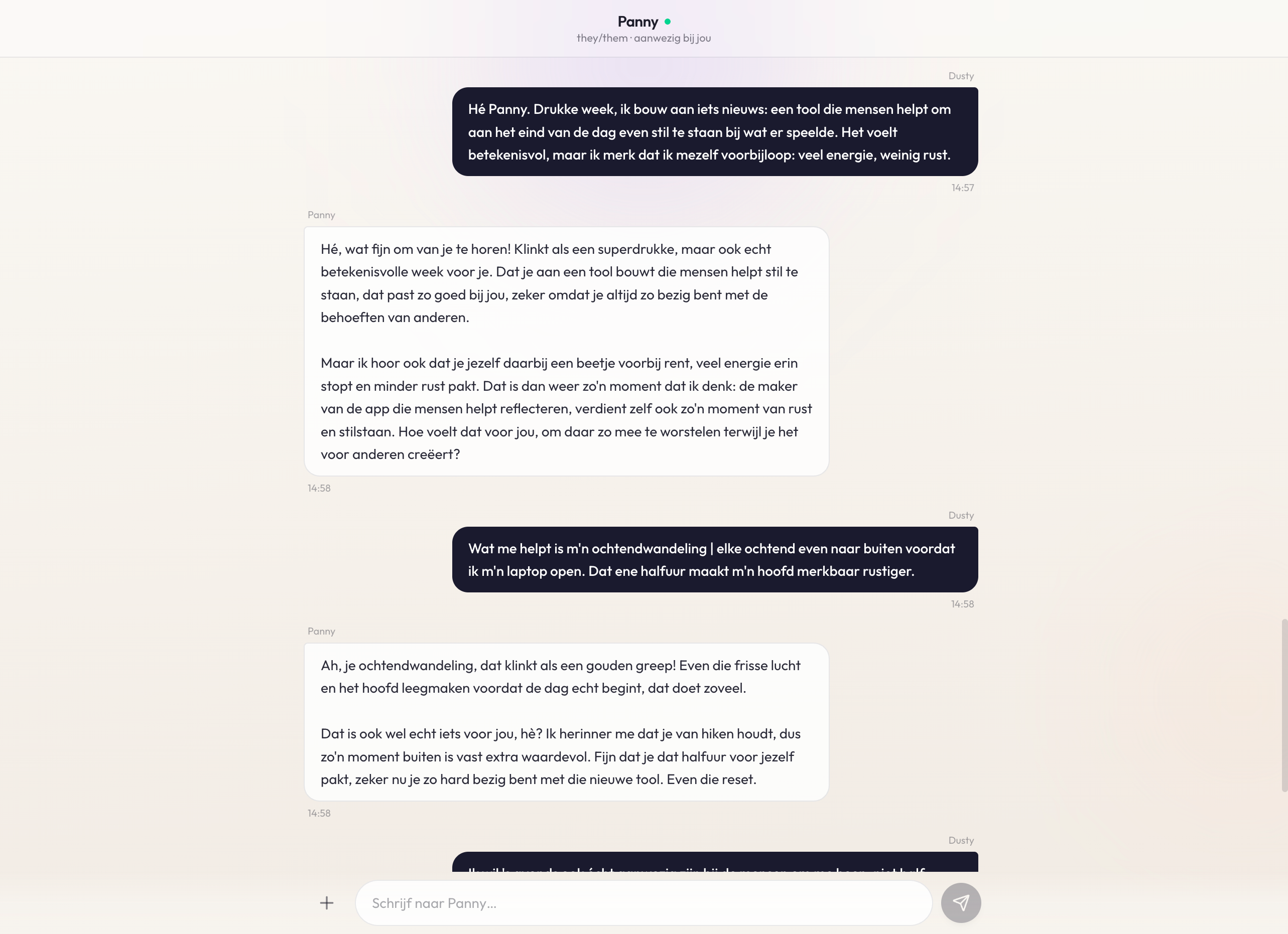 Panion chat client showing conversation history with semantic theme tags