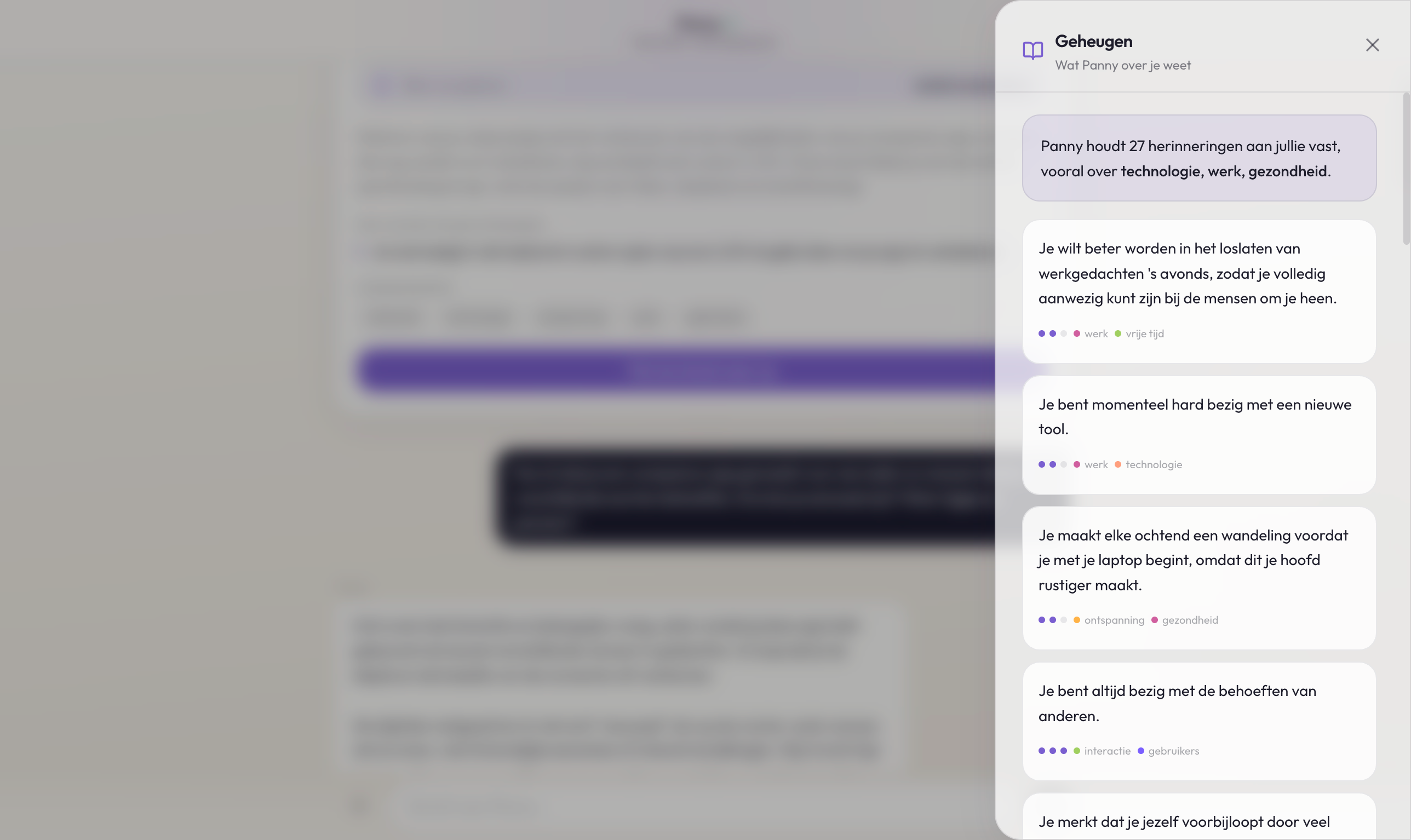 Panion memory browser displaying extracted user preferences and context logs